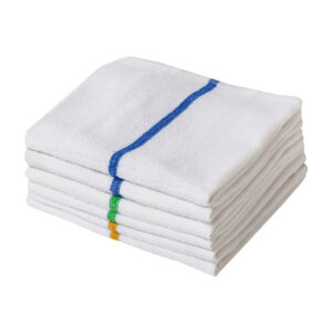 Stack of white bar mops with central blue stripe on a white background.
