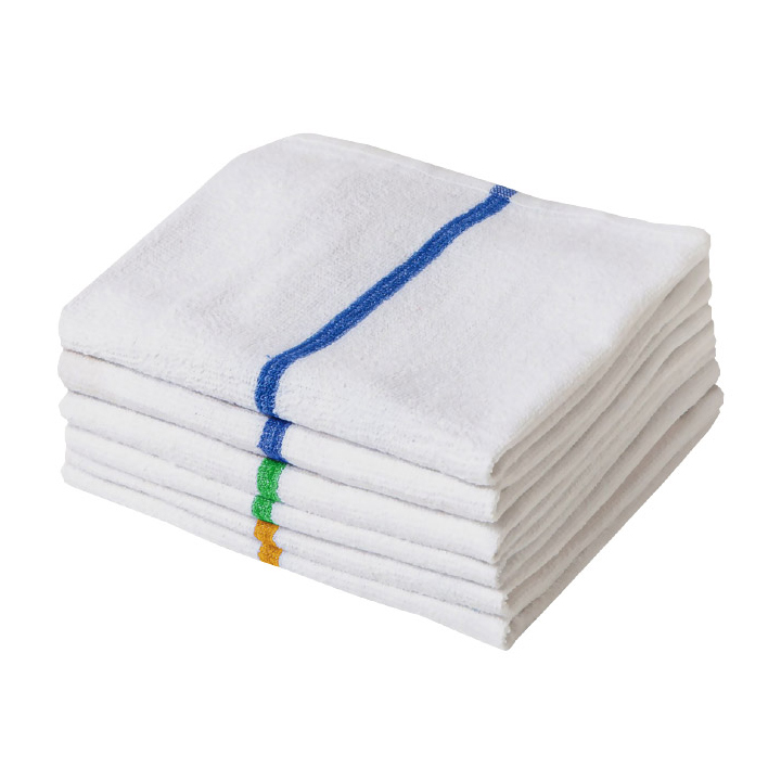 Stack of white bar mops with central blue stripe on a white background.
