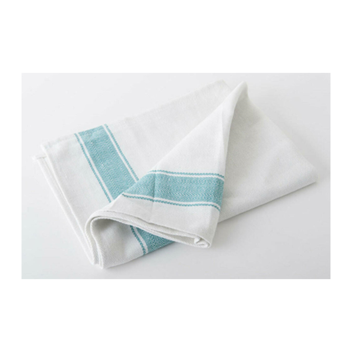 Folded white kitchen towel with blue stripes
