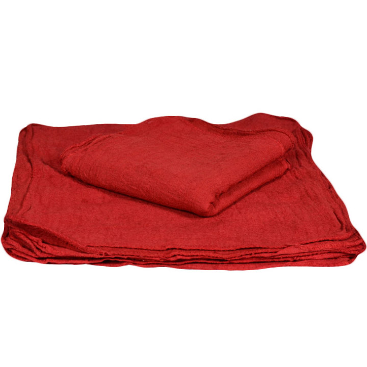 Red dyed Shop Towel folded neatly on a white background
