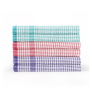 Stack of colorful checkered glass towels in blue, red, and purple stripes by Saad ul Haq