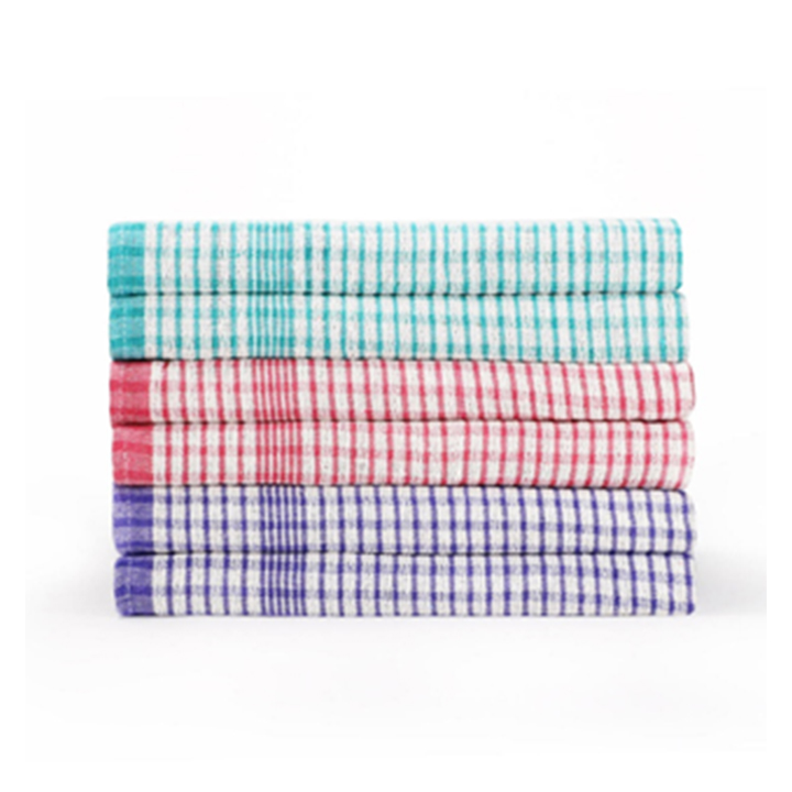 Stack of colorful checkered glass towels in blue, red, and purple stripes by Saad ul Haq