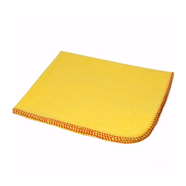 Yellow microfiber dusting cloth with orange stitching on white background.
